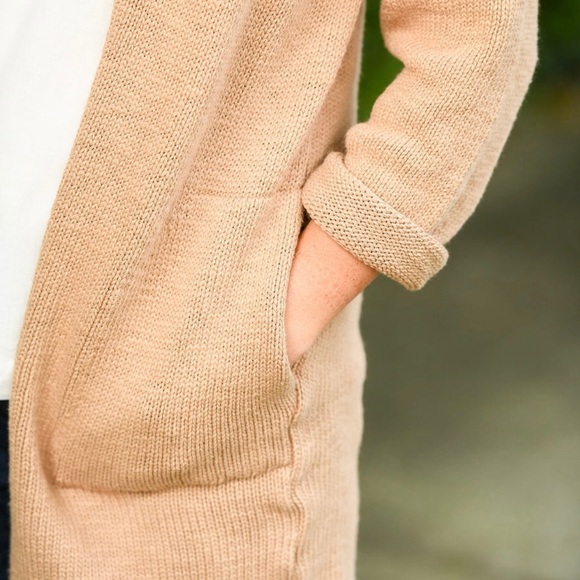 It is well L.A. Sweater Coat Long Knit Open Cardigan, Tan - Picture 3 of 10